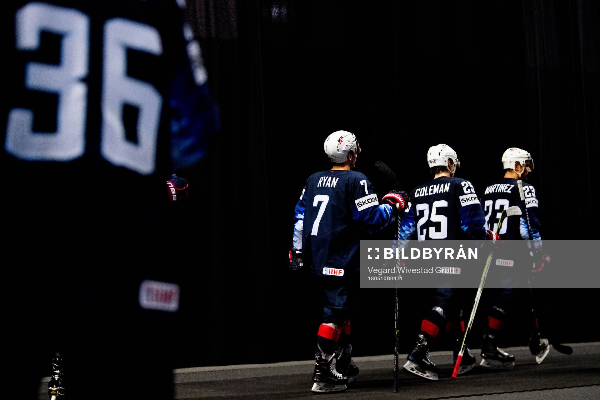 Derek Ryan, Blake Coleman and Alec Martinez of USA
