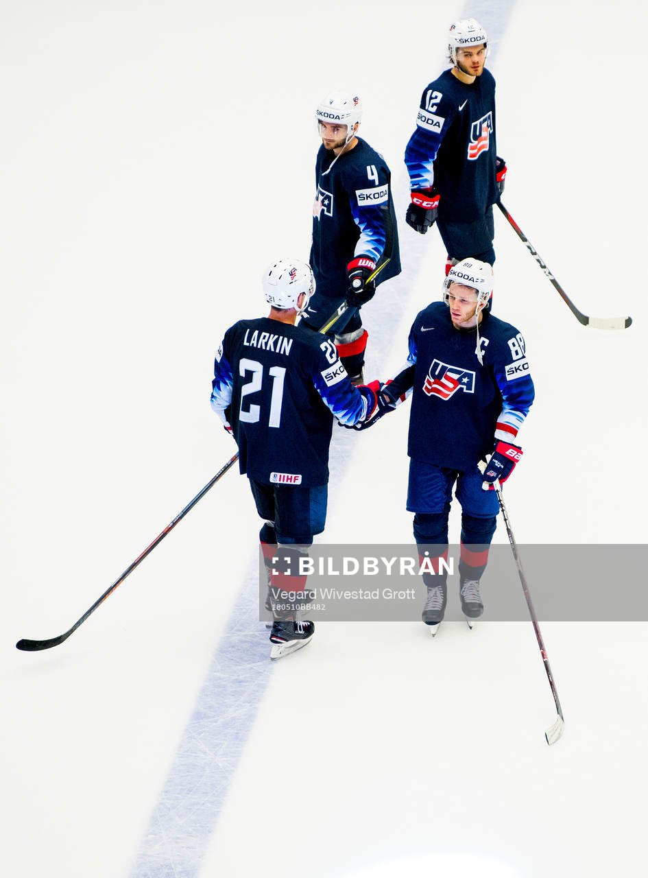 Dylan Larkin, Will Butcher, Alex DeBrincat and Patrick Kane