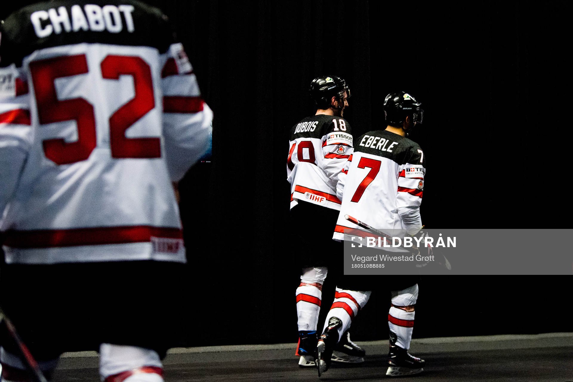 Thomas Chabot, Pierre-Luc Dubois and Jordan Eberle of Canada