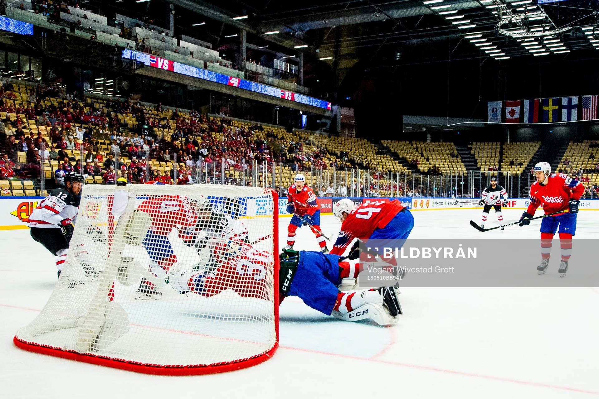 Goaltender Lars Haugen of Norway with a save