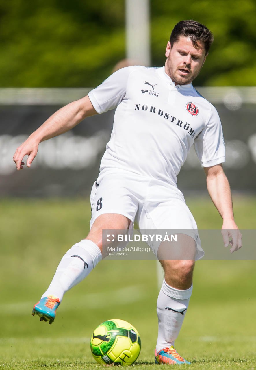 Hittarps Peter Milata under fotbollsmatchen i Division 2 mellan Hittarp och Högaborg den 10 maj 2018 i Helsingborg.