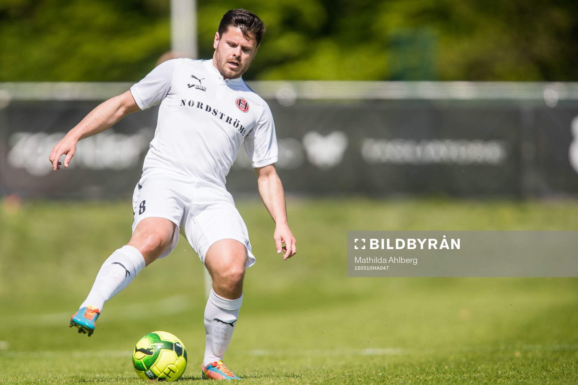 Hittarps Peter Milata under fotbollsmatchen i Division 2 mellan Hittarp och Högaborg den 10 maj 2018 i Helsingborg.