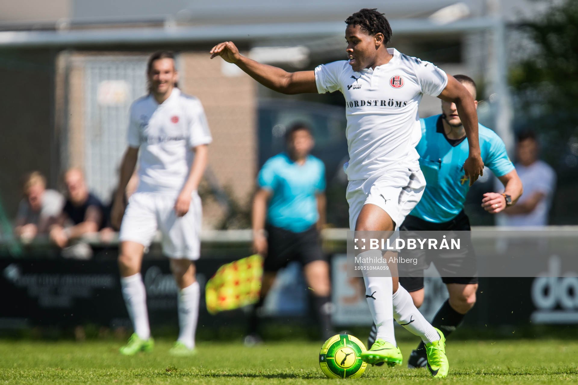 Hittarps Kyle Laborde under fotbollsmatchen i Division 2 mellan Hittarp och Högaborg den 10 maj 2018 i Helsingborg.