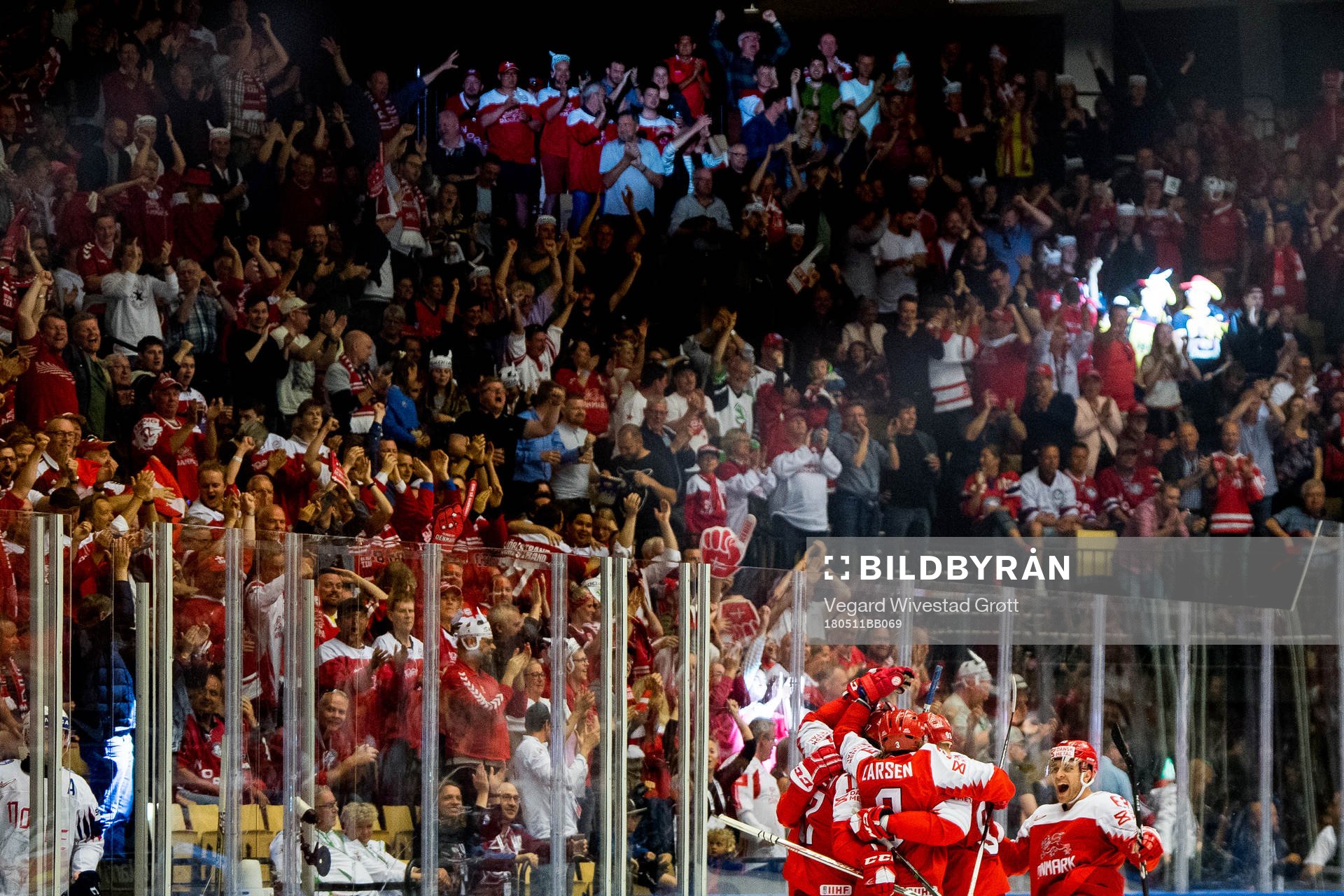 Nicklas Jensen of Denmark celebrates with teammates