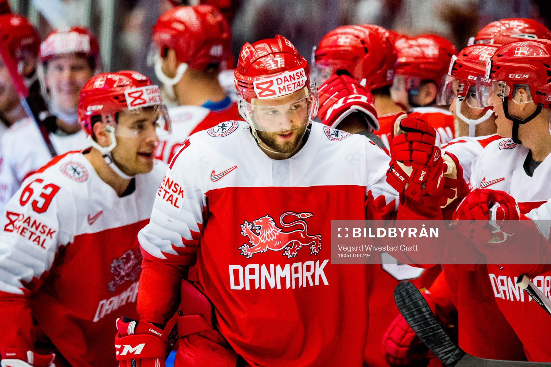 Nicklas Jensen of Denmark celebrates with teammates
