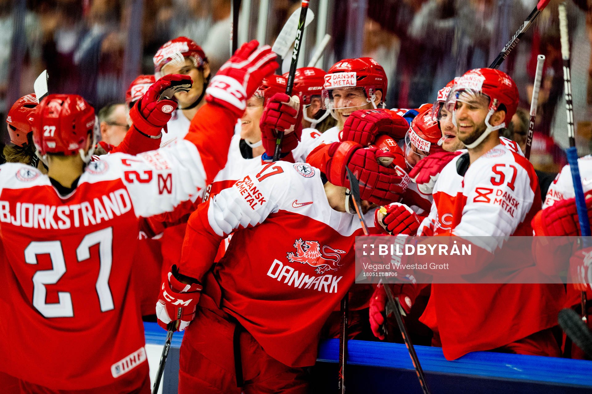 Nicklas Jensen of Denmark celebrates with teammates