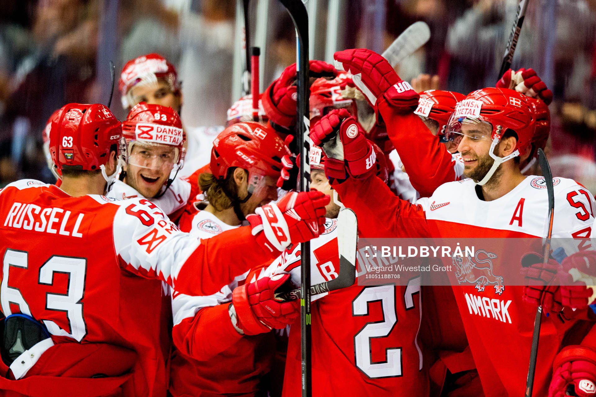 Nicklas Jensen of Denmark celebrates with teammates