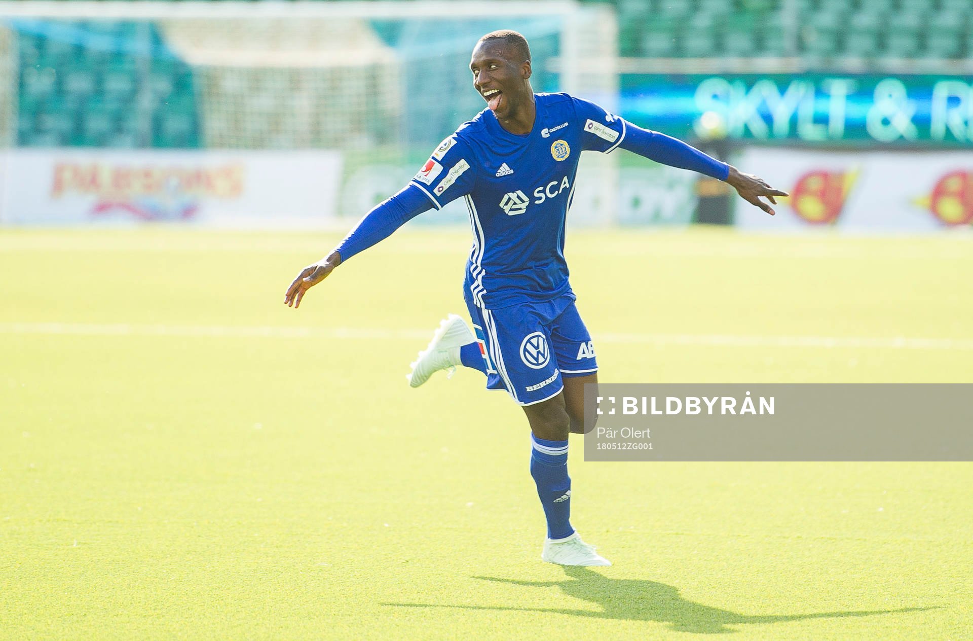 Sundsvalls Peter Wilson jublar efter 3-0 målet under fotbollsmatchen i Allsvenskan mellan Gif Sundsvall och Brommapojkarna den 12 Maj 2018 i Sundsvall.