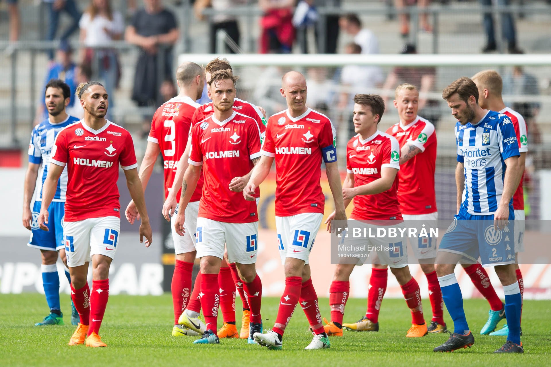 Norrköpings jubel efter att Simon Skrabb gjort 2-0 på övertid under fotbollsmatchen i allsvenskan mellan IFK Göteborg och Norrköping den 13 maj 2018 i Göteborg.