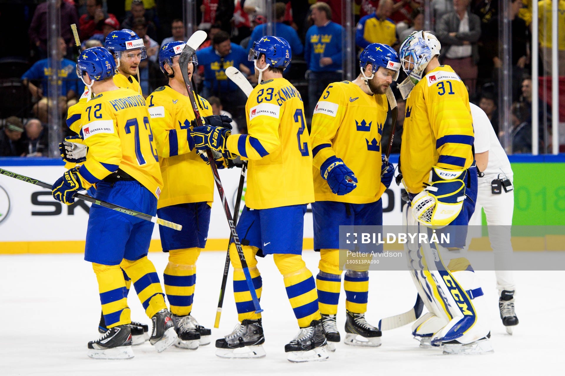 Sveriges målvakt Anders Nilsson jublar med lagkamrater