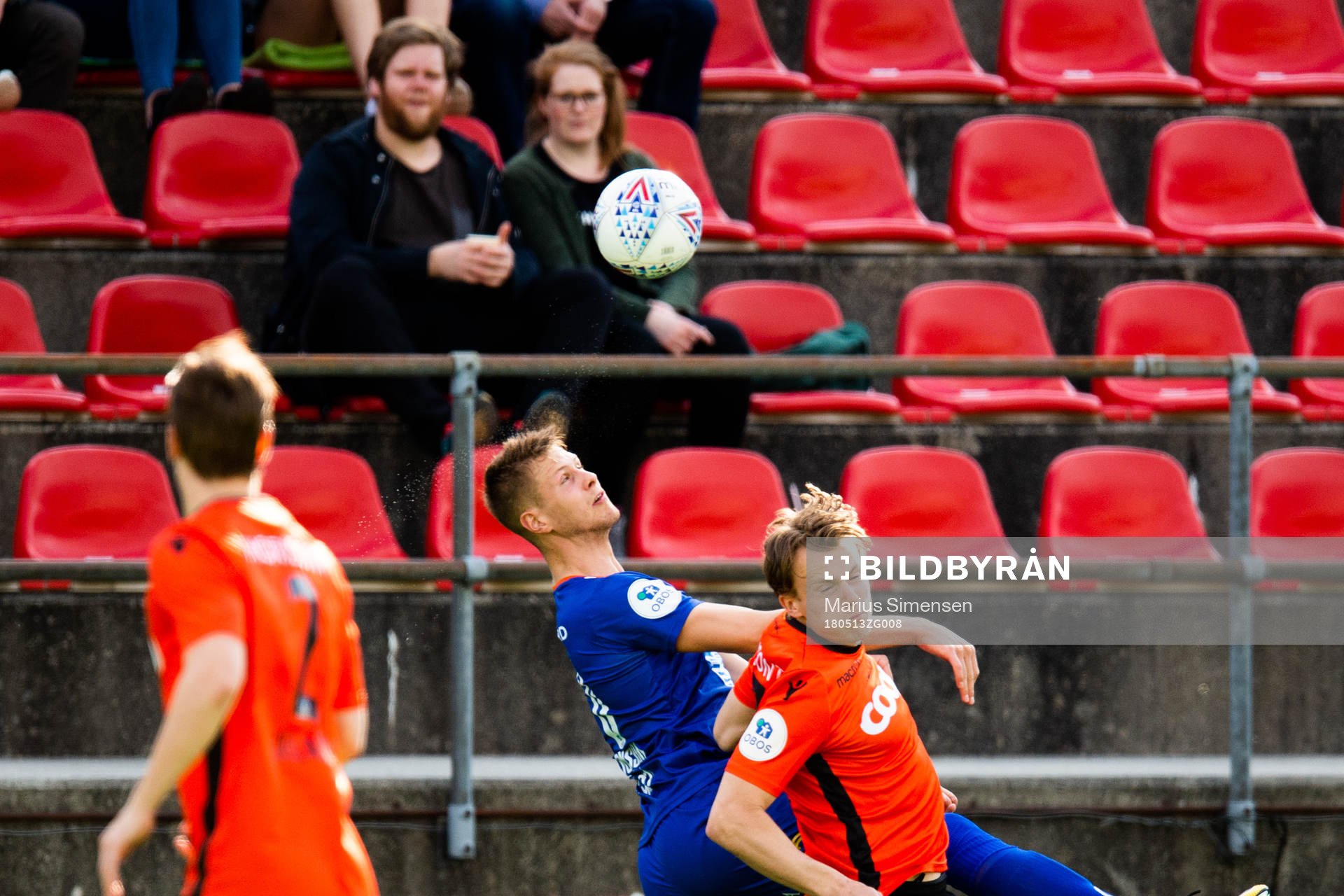 Hólmbert Fridjónsson of Aalesund and Nikolai Harris of Åsane during the OBOS-ligaen match between Åsane and Aalesund on May 13, 2018 in Åsane.