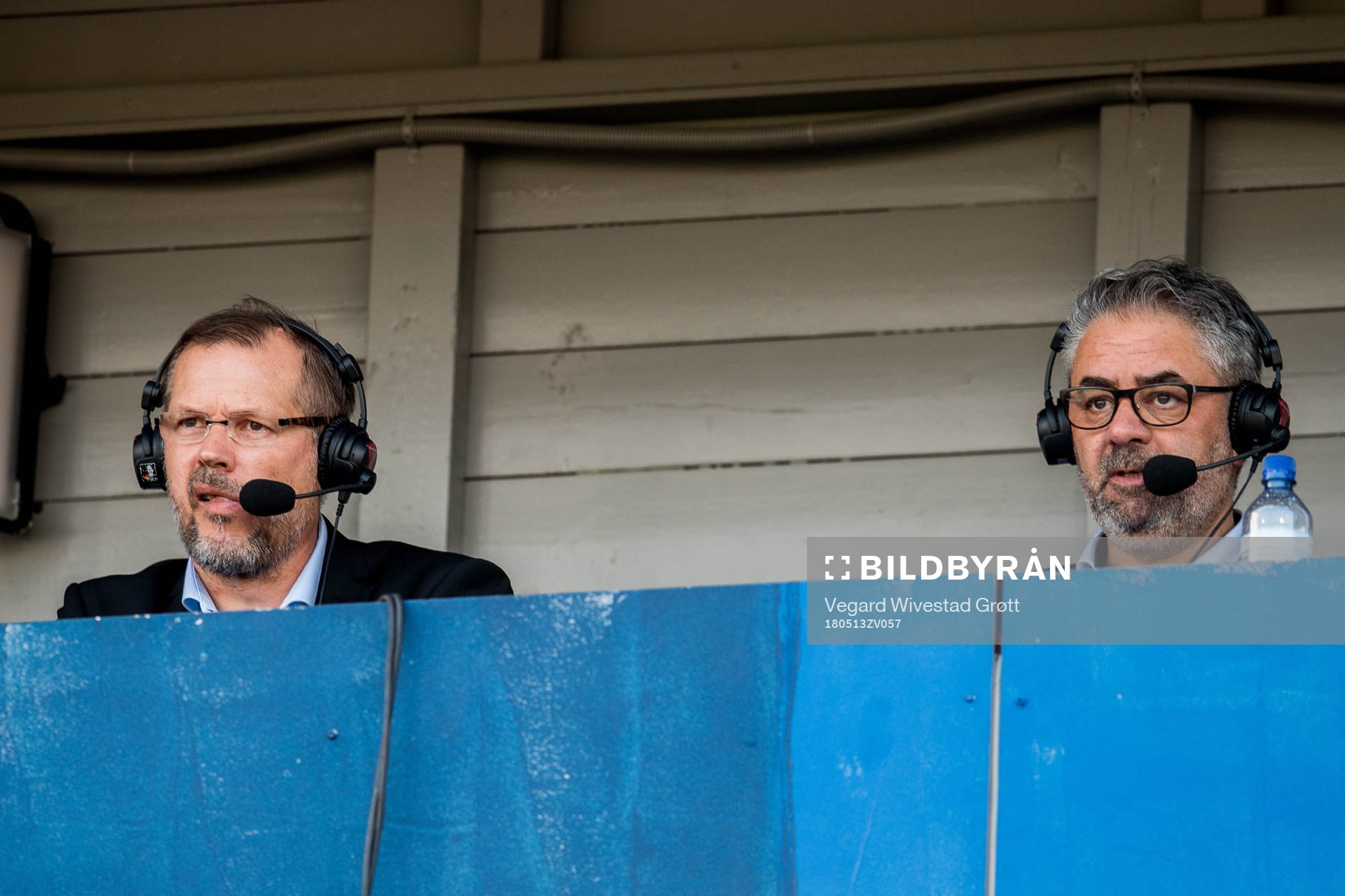 Kjetil Rekdal and Kenneth Fredheim, commentators of Eurosport, ahead of the Eliteserien match between Stabæk and Rosenborg on May 13, 2018 in Bekkestua.