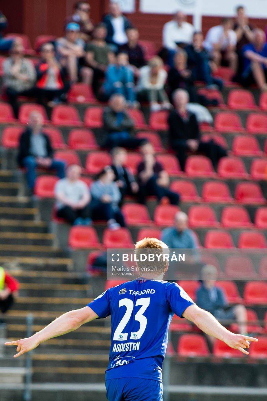 Torbjørn Agdestein of Aalesund celebrates the 1-2 goal during the OBOS-ligaen match between Åsane and Aalesund on May 13, 2018 in Åsane.