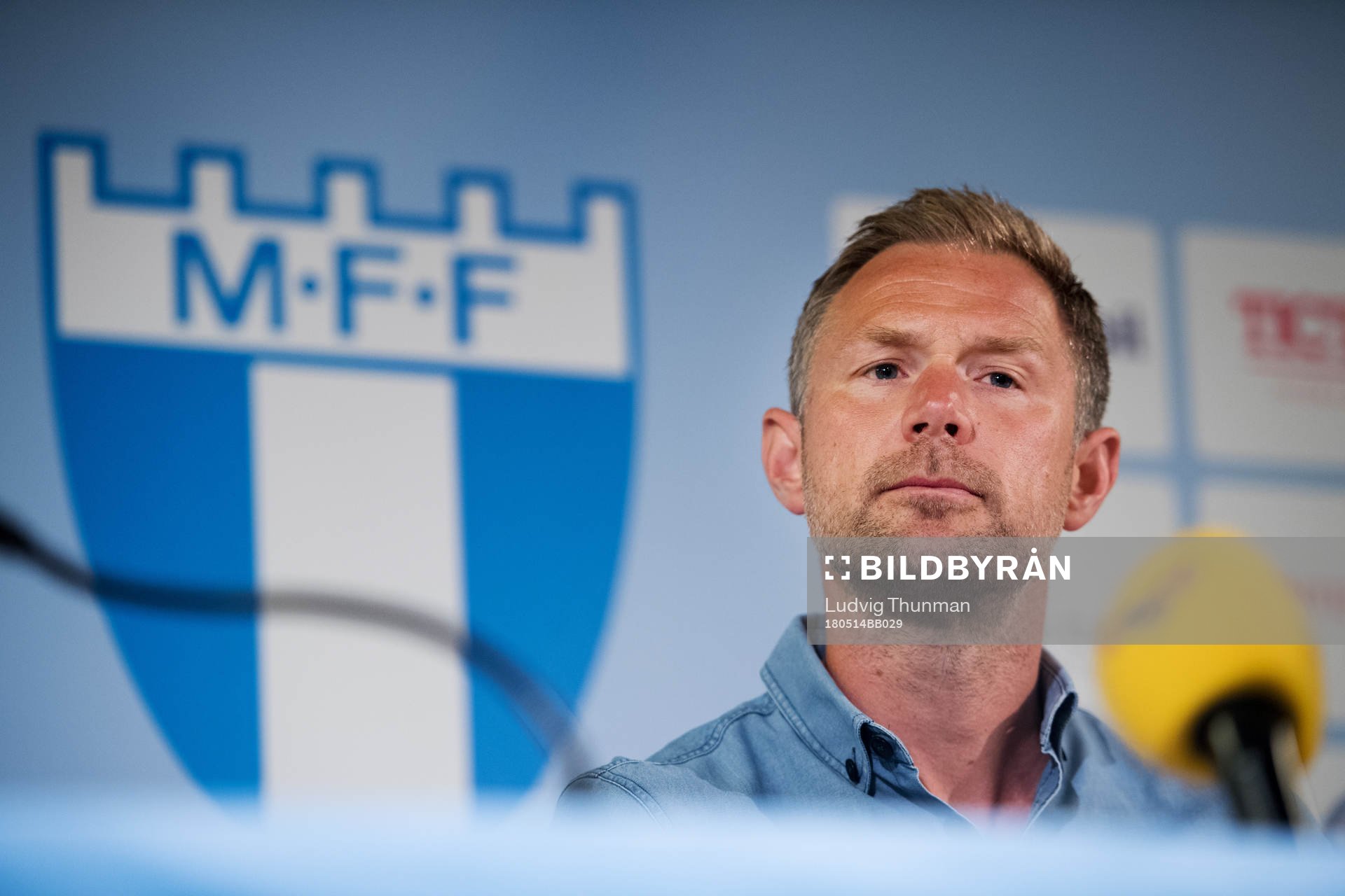 Malmö FFs sparkade tränare Magnus Pehrsson under en presskonferens den 14 maj 2018 i Malmö.
