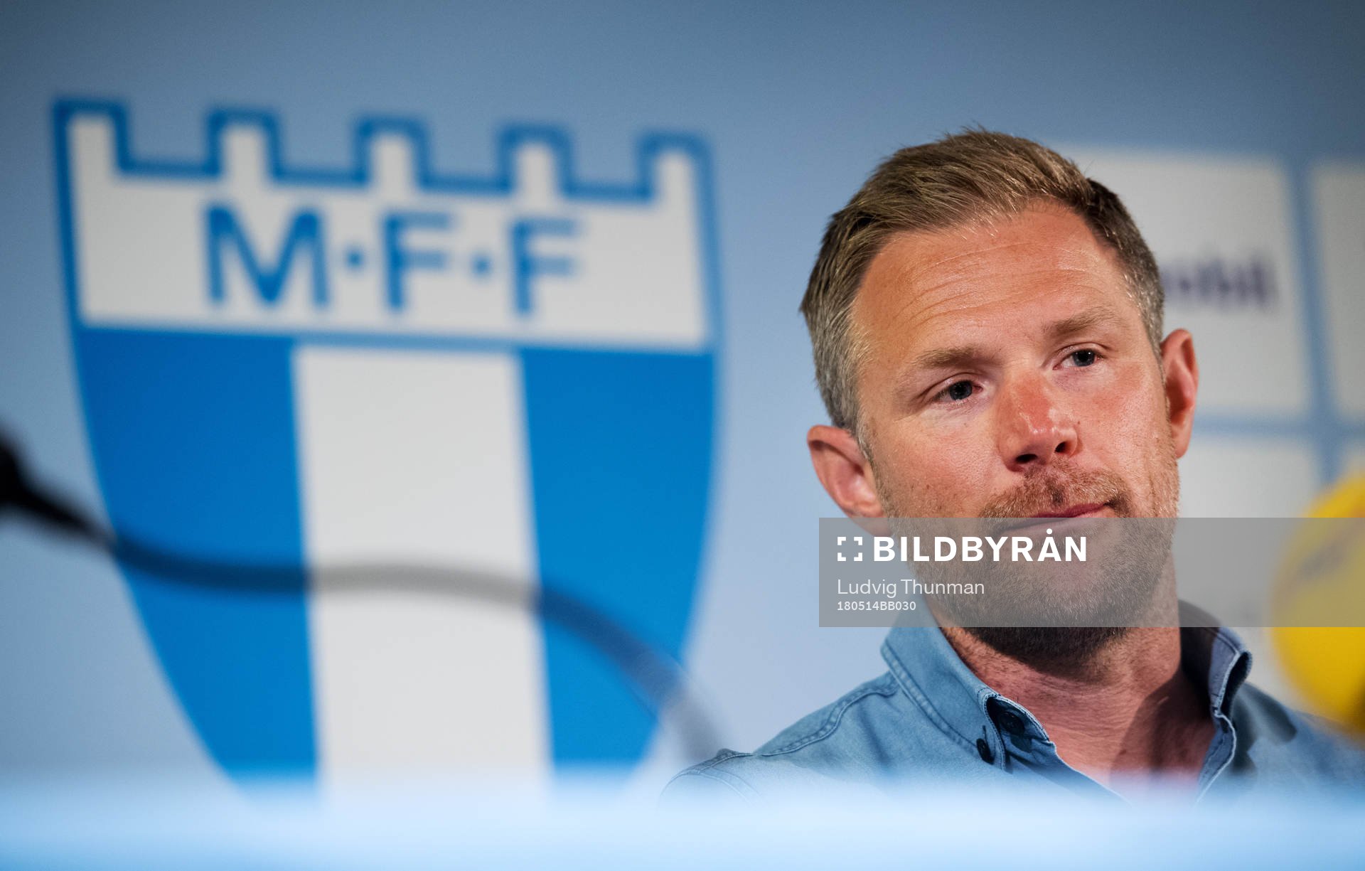 Malmö FFs sparkade tränare Magnus Pehrsson under en presskonferens den 14 maj 2018 i Malmö.