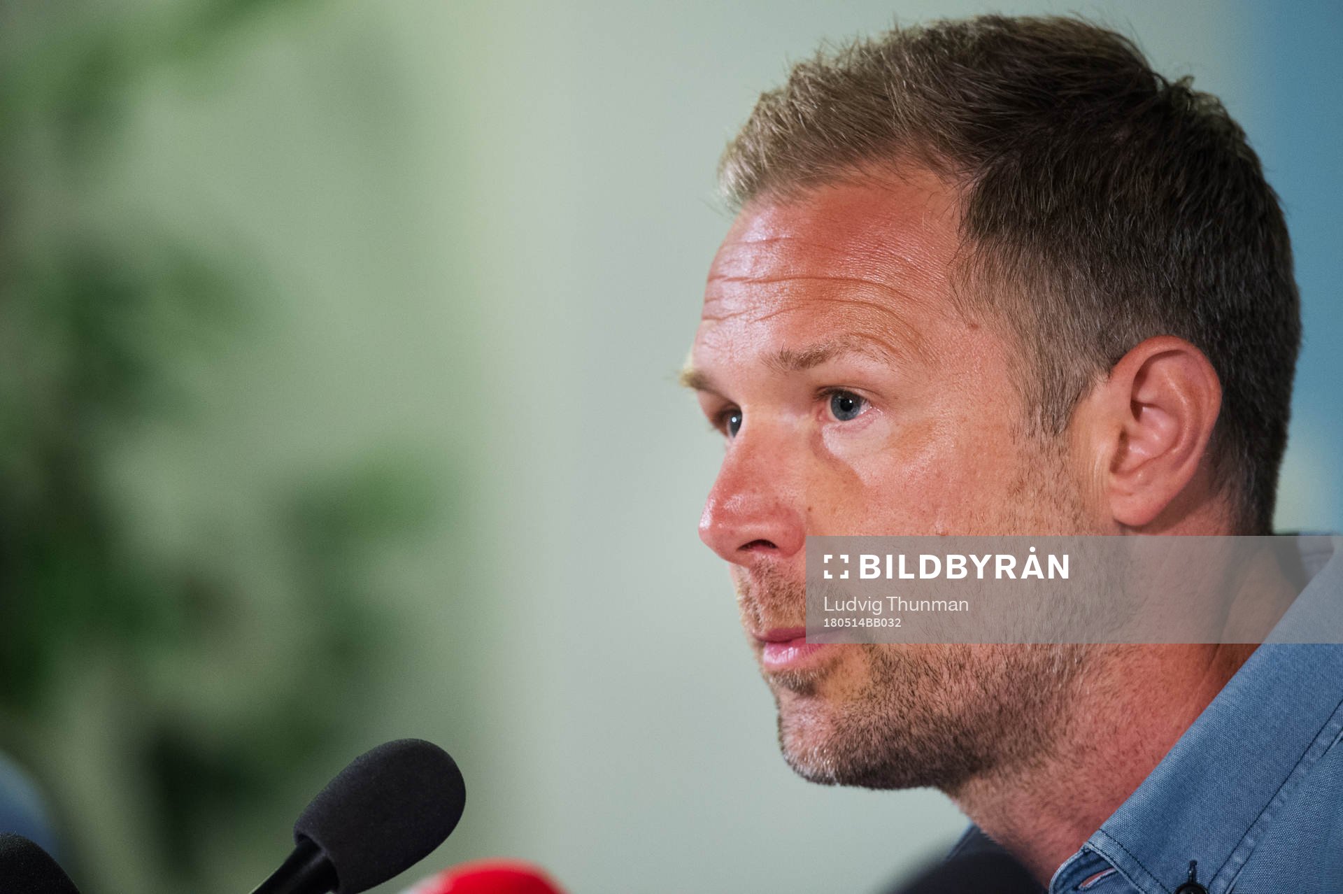Malmö FFs sparkade tränare Magnus Pehrsson under en presskonferens den 14 maj 2018 i Malmö.