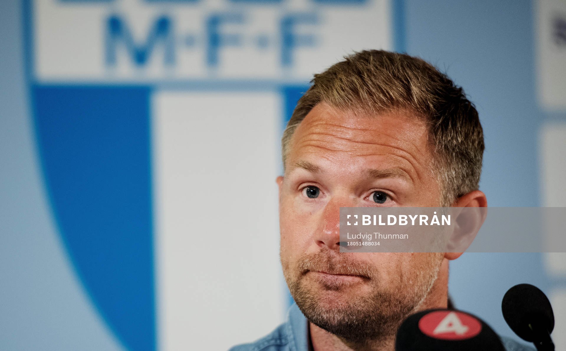 Malmö FFs sparkade tränare Magnus Pehrsson under en presskonferens den 14 maj 2018 i Malmö.
