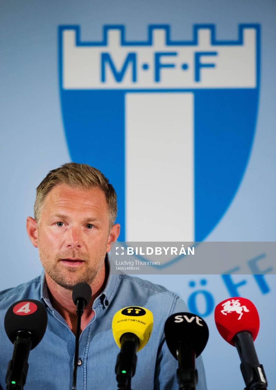 Malmö FFs sparkade tränare Magnus Pehrsson under en presskonferens den 14 maj 2018 i Malmö.
