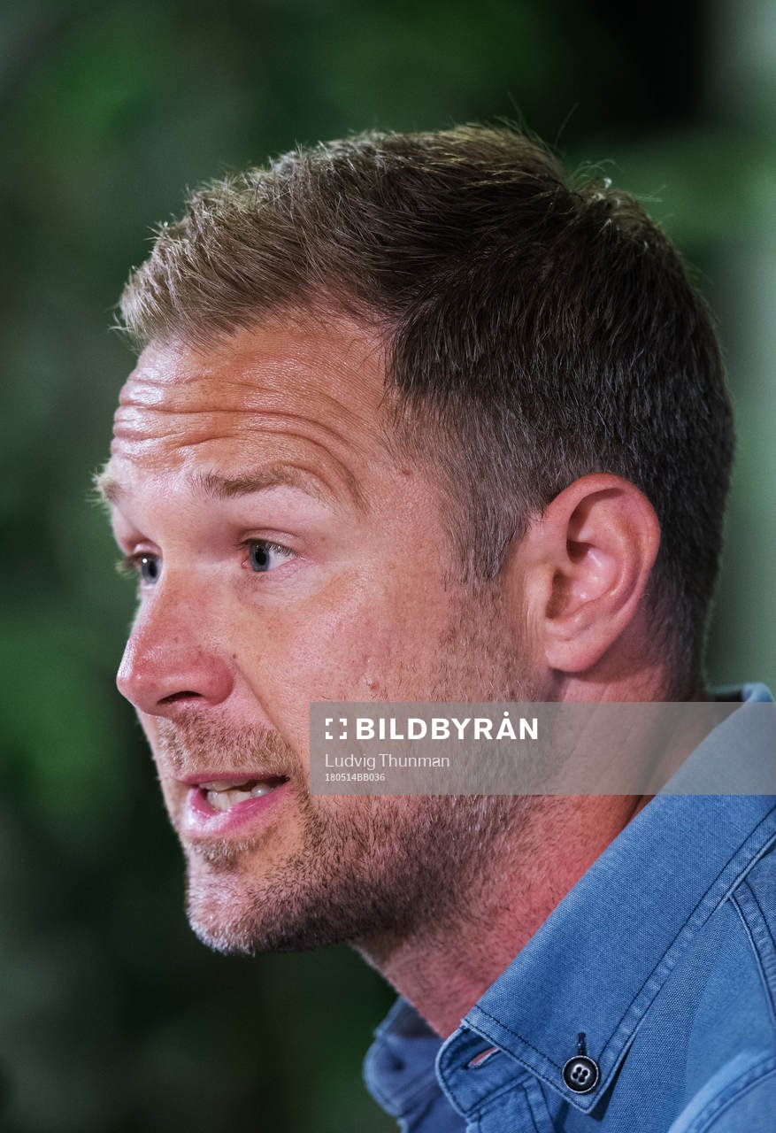Malmö FFs sparkade tränare Magnus Pehrsson under en presskonferens den 14 maj 2018 i Malmö.