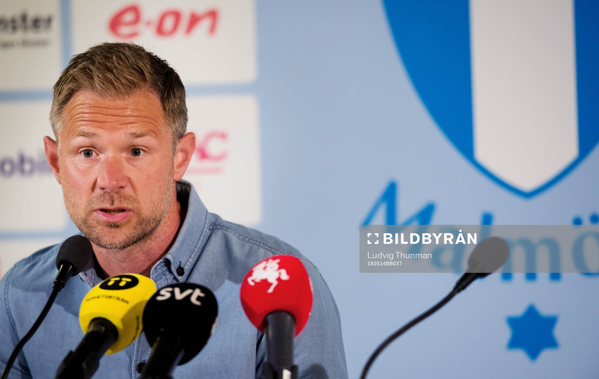 Malmö FFs sparkade tränare Magnus Pehrsson under en presskonferens den 14 maj 2018 i Malmö.