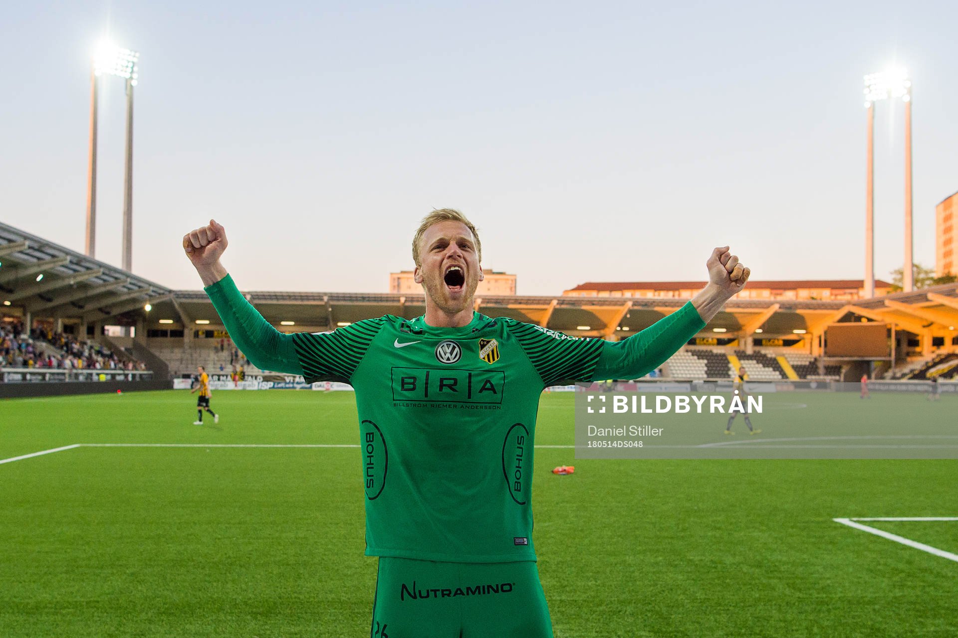 Häckens Peter Abrahamsson jublar efter fotbollsmatchen i Allsvenskan mellan Häcken och Elfsborg den 14 maj 2018 i Göteborg.