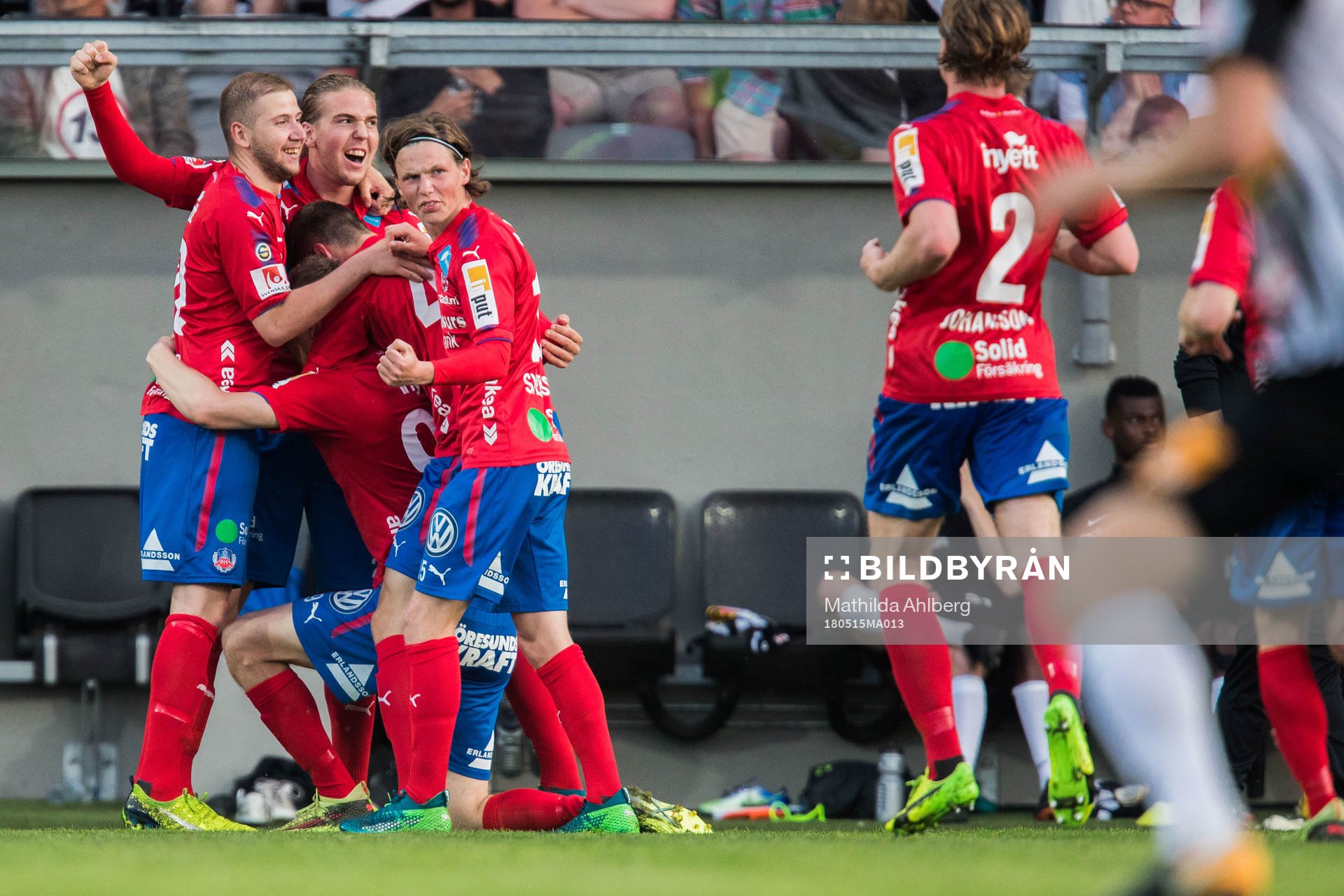  Helsingborgs Darijan Bojanic, Charlie Weberg och Max Svensson jublar tillsammans med Andri Runar Bjarnason efter 1-0 under fotbollsmatchen i Superettan mellan Landskrona BoIS och Helsingborg den 15 maj 2018 i Landskrona.
