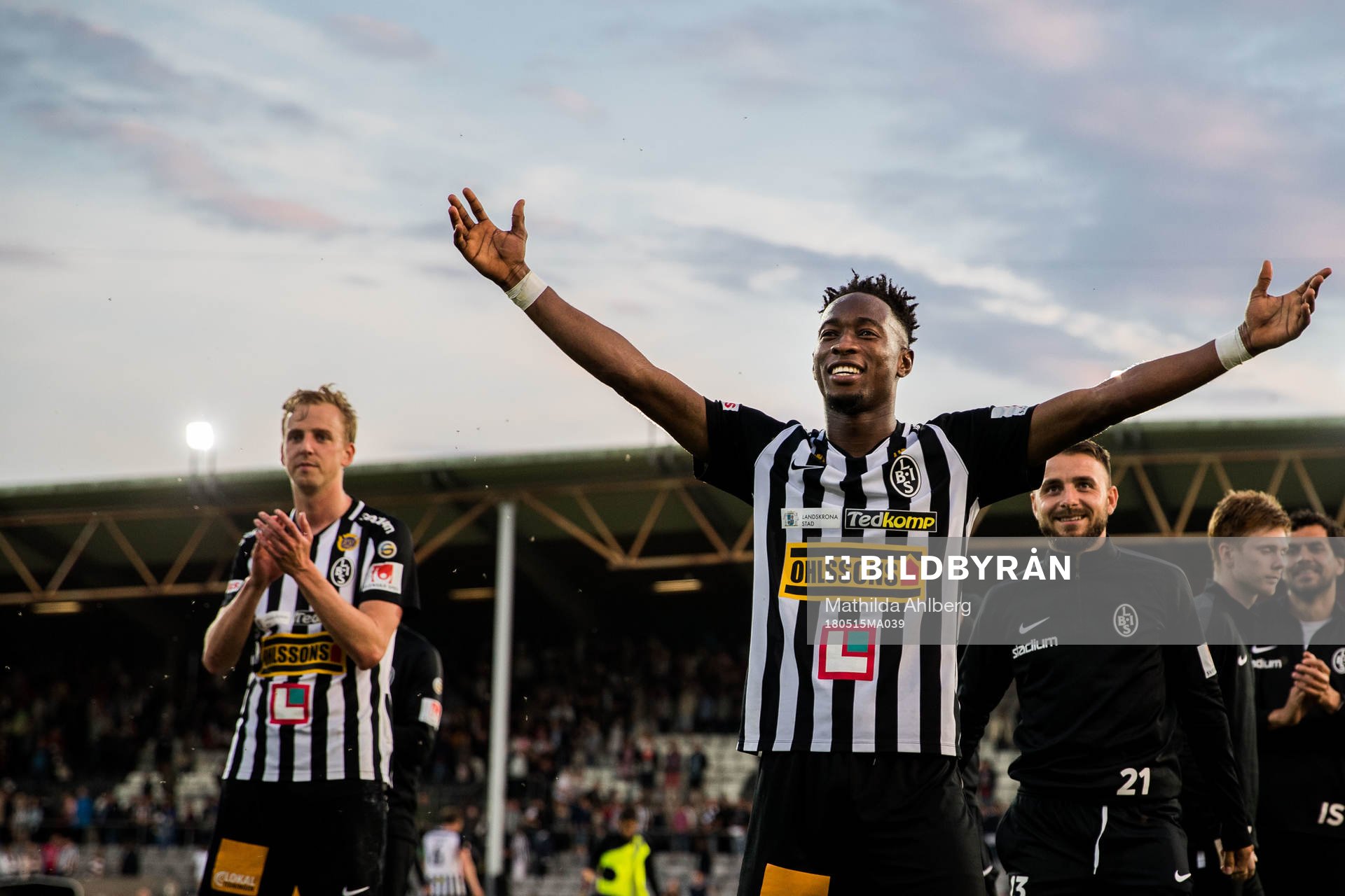  Landskronas Karim Sadat jublar efter fotbollsmatchen i Superettan mellan Landskrona BoIS och Helsingborg den 15 maj 2018 i Landskrona.