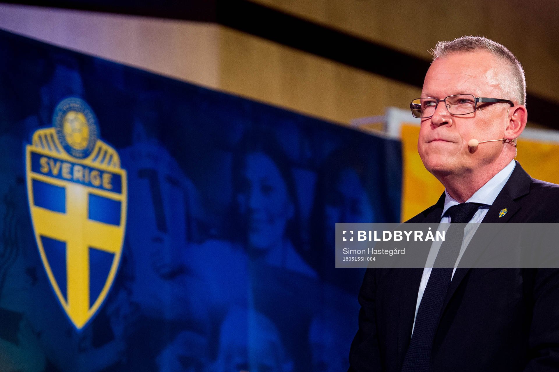Sveriges förbundskapten Janne Andersson under en presskonferens anordnad av svenska fotbollförbundet den 15 maj 2018 i Stockholm.
