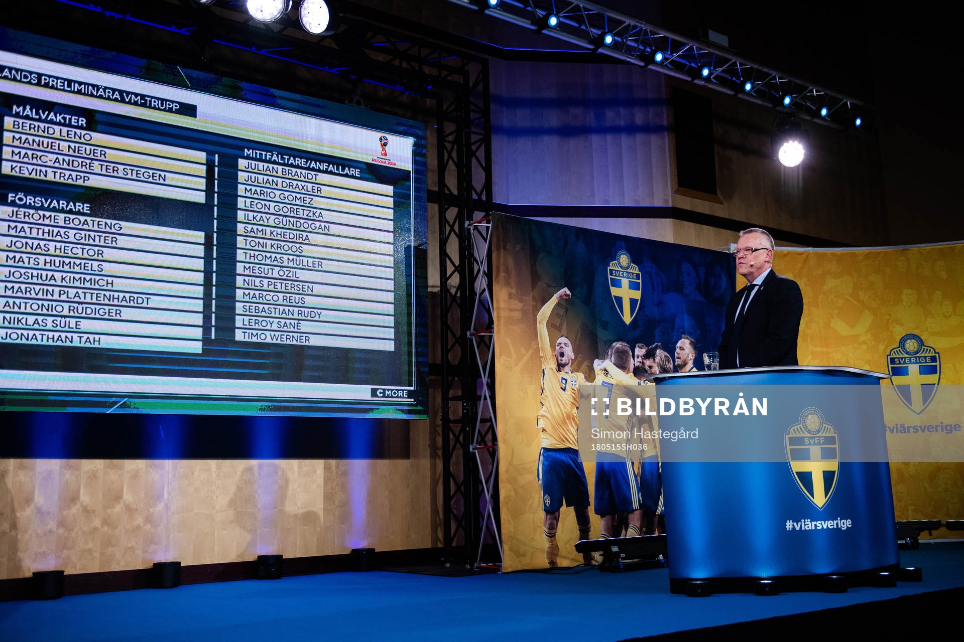Sveriges förbundskapten Janne Andersson under en presskonferens anordnad av svenska fotbollförbundet den 15 maj 2018 i Stockholm.
