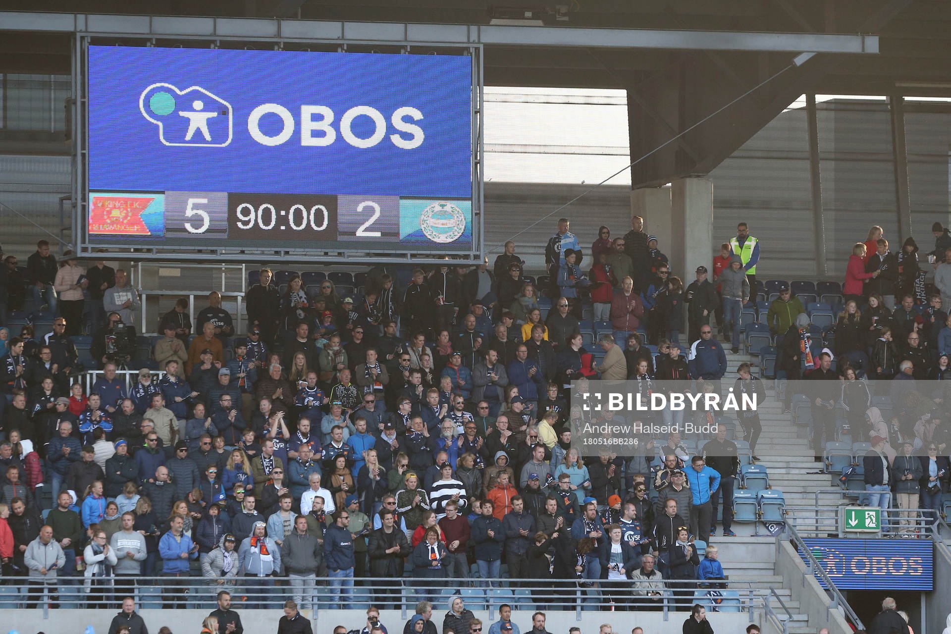The scoreboard shows the final score during the OBOS-ligaen match between Viking and Sandnes Ulf on May 16, 2018 in Stavanger.