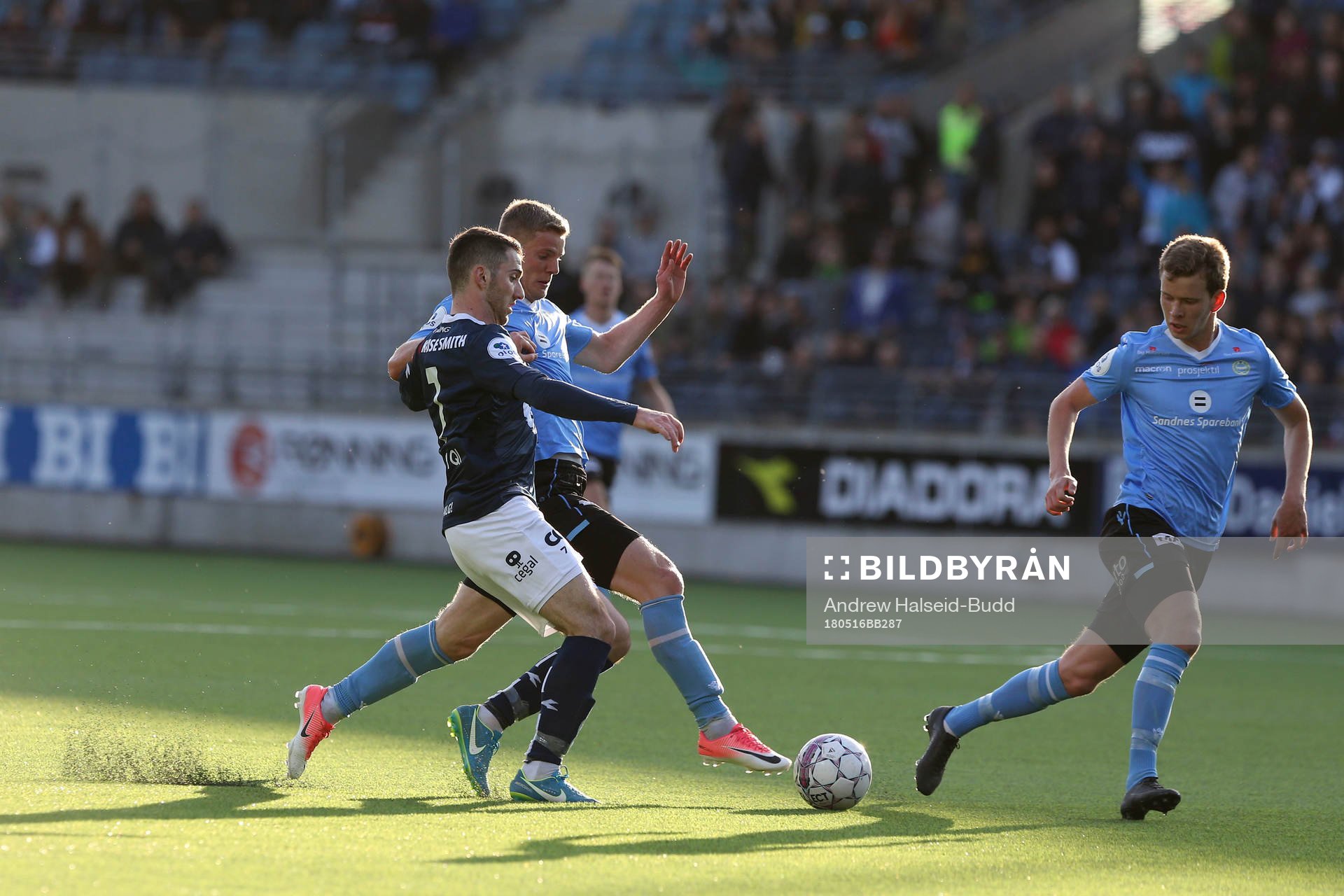 Zymer Bytyqi from Viking in action against Ari Jonsson from