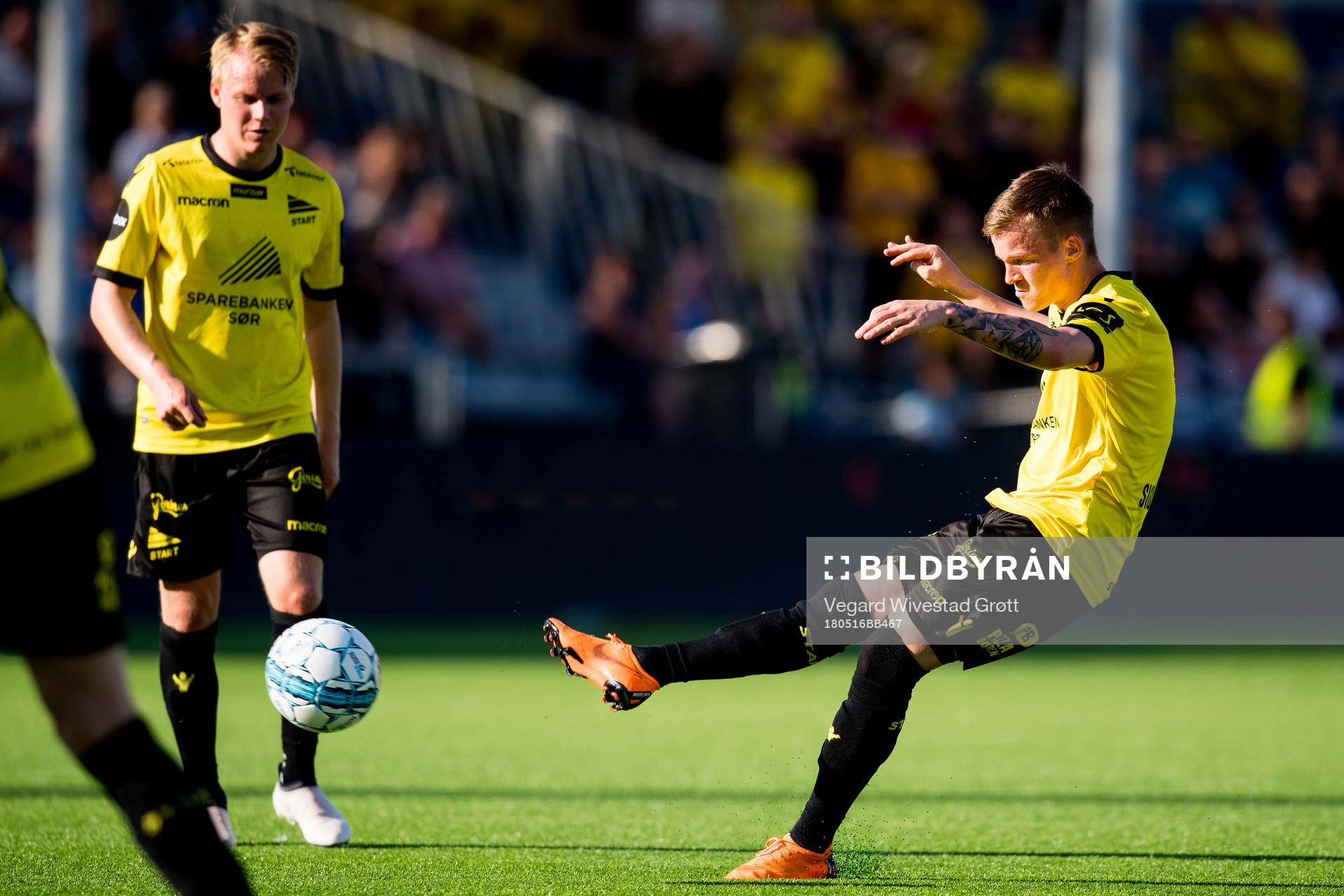 Aron Sigurdarson of Start with a free kick
