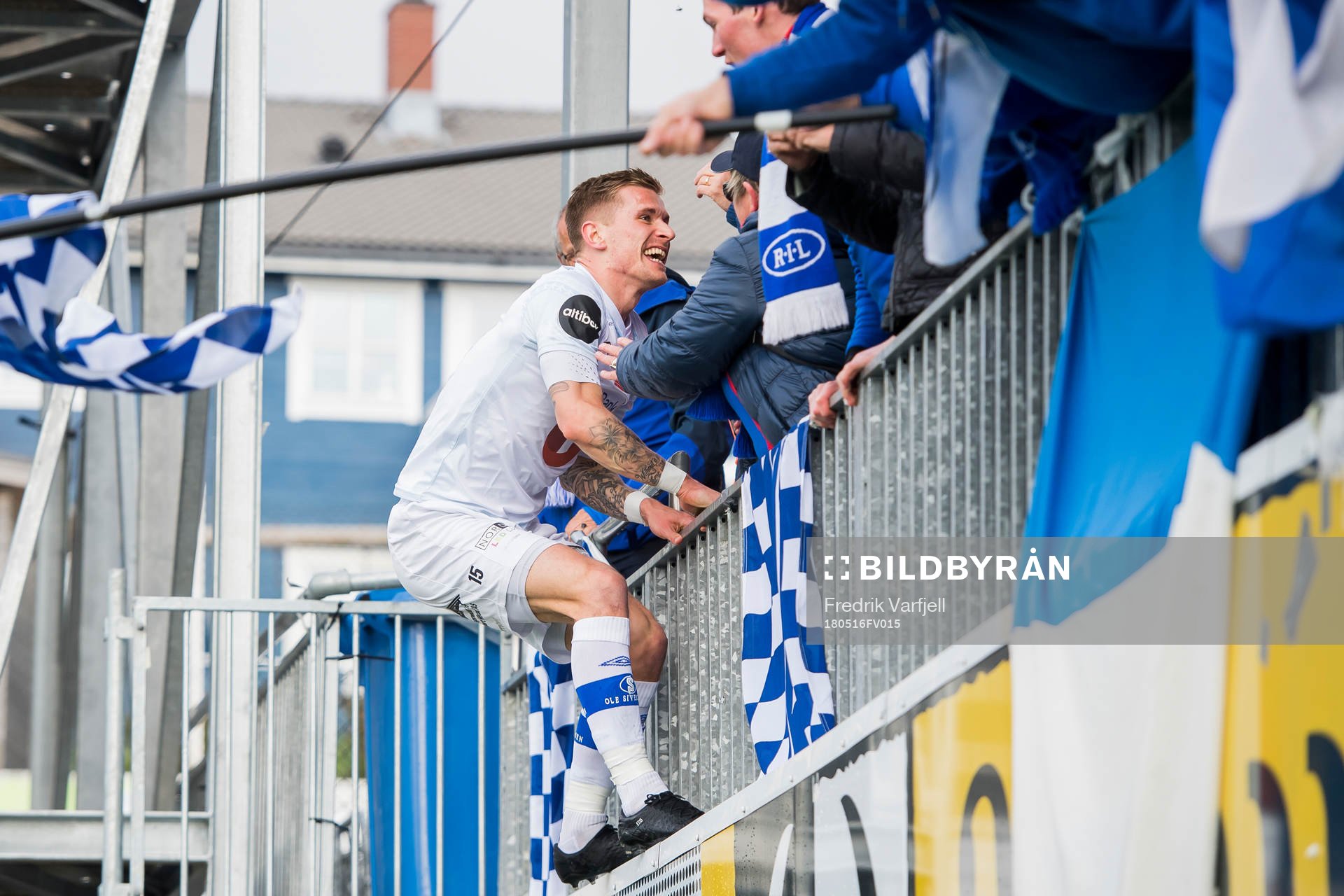 Erik Tønne of Ranheim celebrates with the fans of Ranheim
