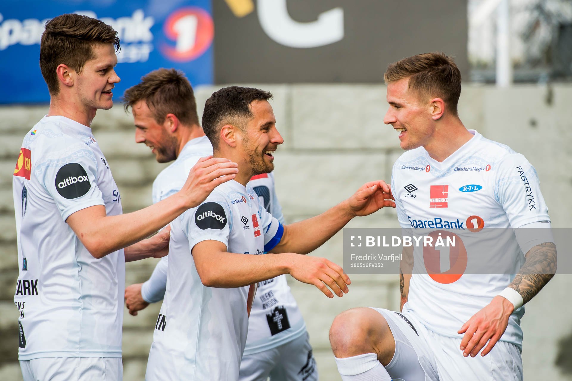 Erik Tønne of Ranheim celebrates with Christian Rismark and Mads Reginiussen after scoring 0-1 during the Eliteserien match between Kristiansund and Ranheim on May 16, 2018 in Kristiansund.
