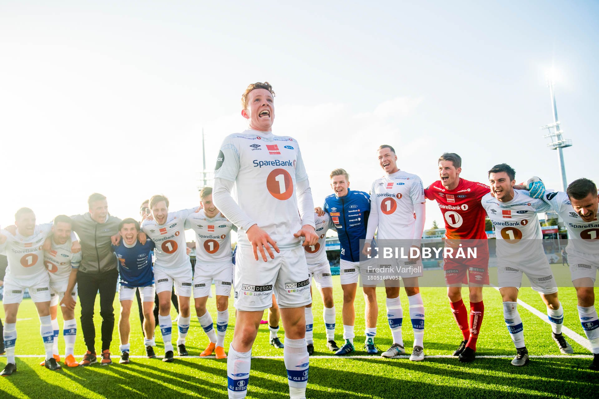 Aslak Fonn Witry of Ranheim celebrates in front of his teammates after the Eliteserien match between Kristiansund and Ranheim on May 16, 2018 in Kristiansund.