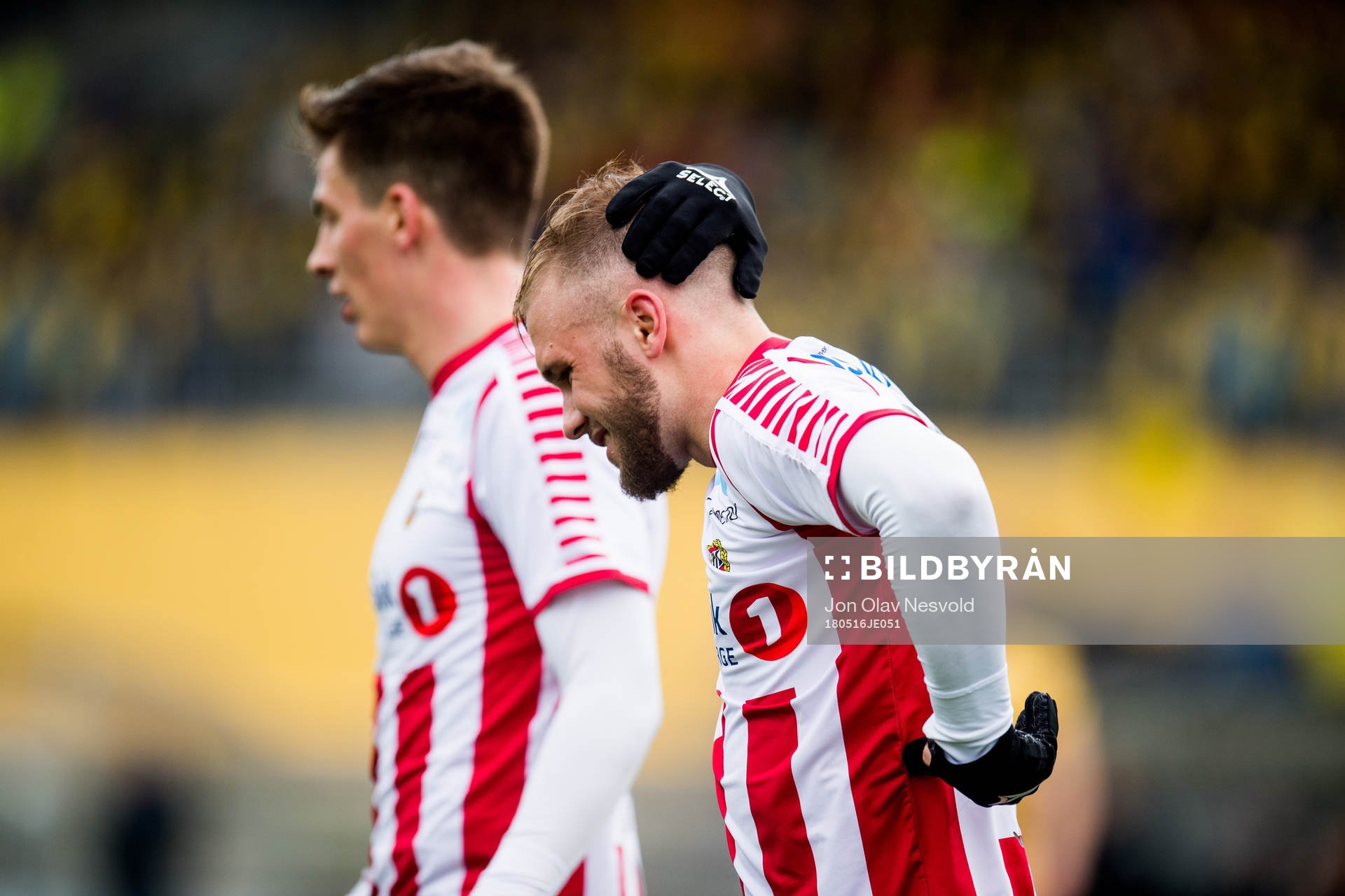 Jostein Gundersen and Lasse Nilsen of Tromsø during the Eliteserien match between Bodø/Glimt and Tromsø on May 16, 2018 in Bodø.