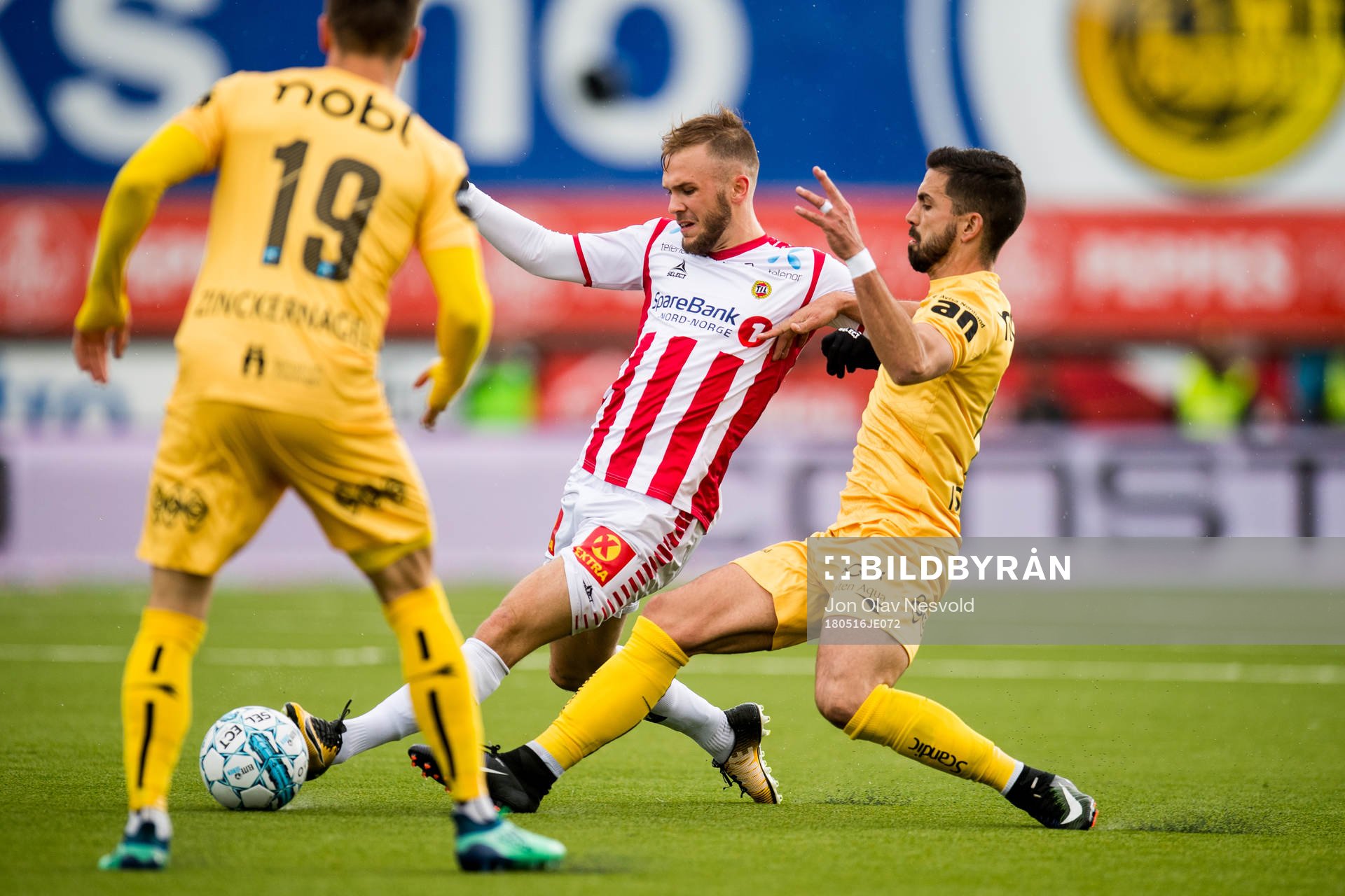 Lasse Nilsen of Tromsø and Isidoro of Bodø/Glimt during the Eliteserien match between Bodø/Glimt and Tromsø on May 16, 2018 in Bodø.