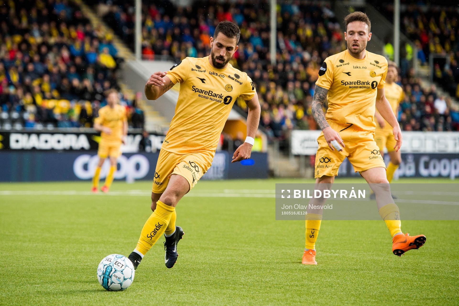 Isidoro and José Ángel of Bodø/Glimt during the Eliteserien match between Bodø/Glimt and Tromsø on May 16, 2018 in Bodø.