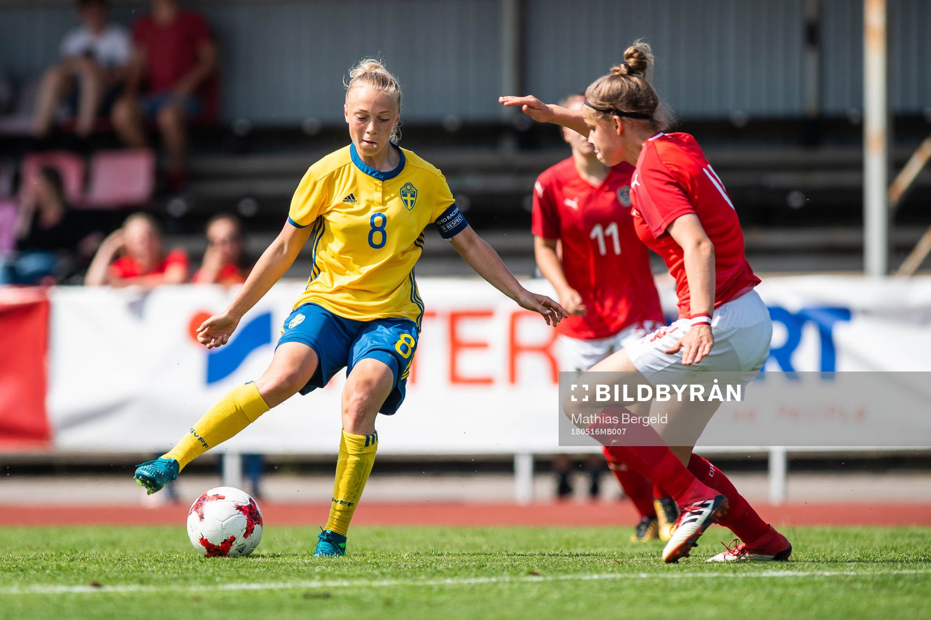 Sveriges Hanna Bennison under fotbollsmatchen i fyrnationsturneringen mellan Österrike och Sverige den 16 maj 2018 i Stenungsund.