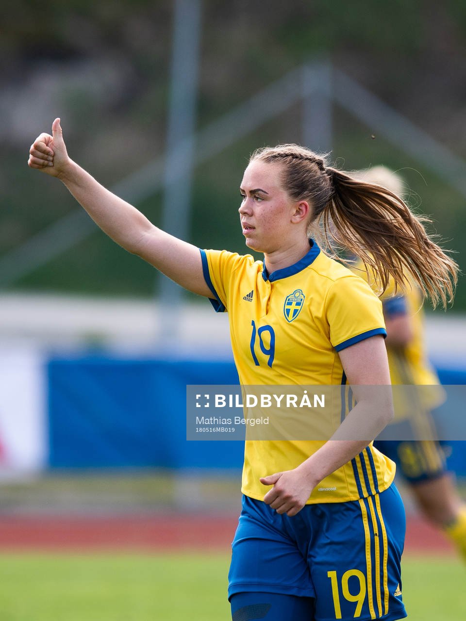 Sveriges Hanna Ekengren jublar efter att hon gjort 1-0 under fotbollsmatchen i fyrnationsturneringen mellan Österrike och Sverige den 16 maj 2018 i Stenungsund.