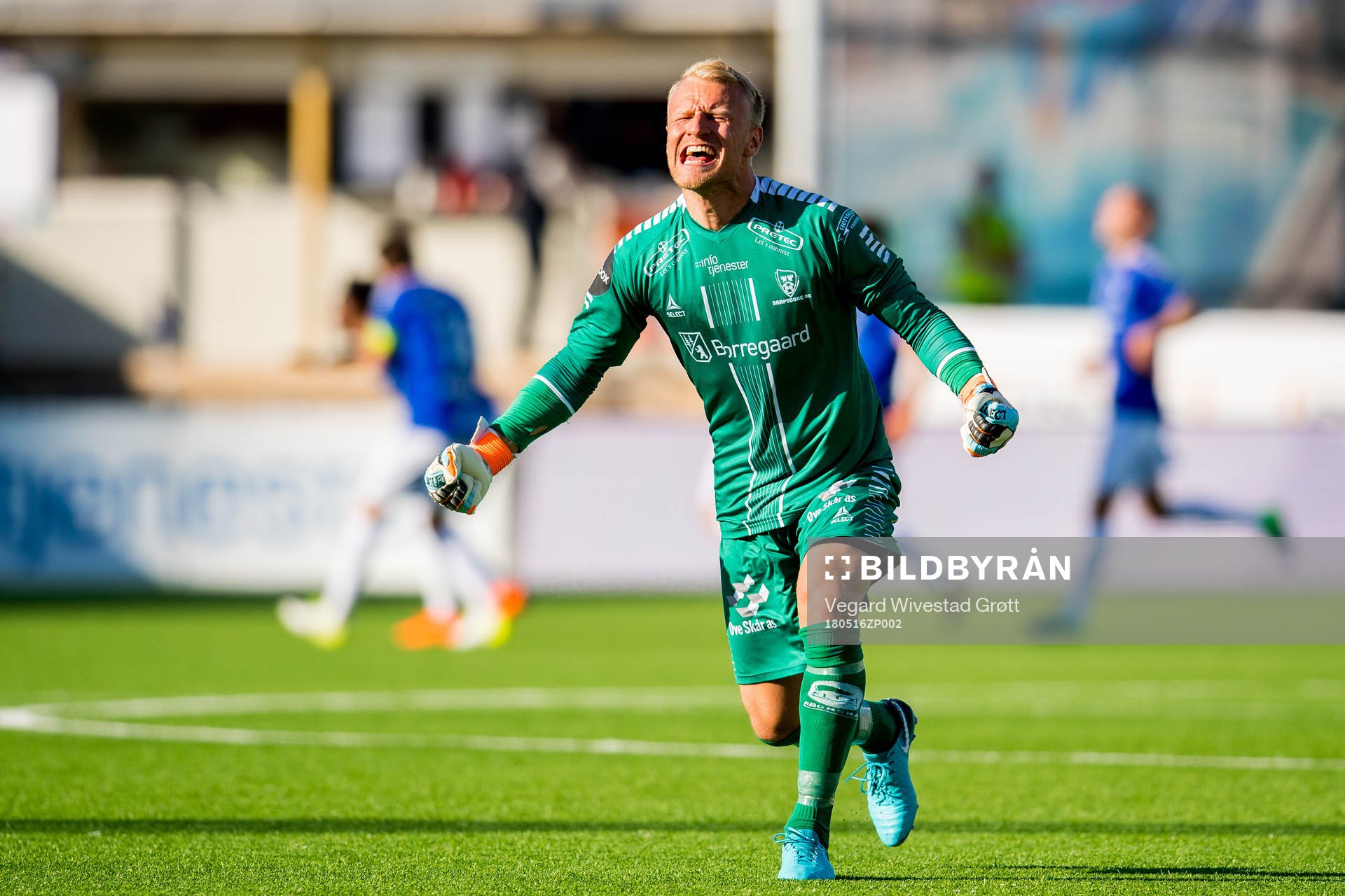 Goalkeeper Aslak Falch of Sarpsborg 08 celebrates 2-0 during the Eliteserien match between Sarpsborg 08 and Start on May 16, 2018 in Sarpsborg.
