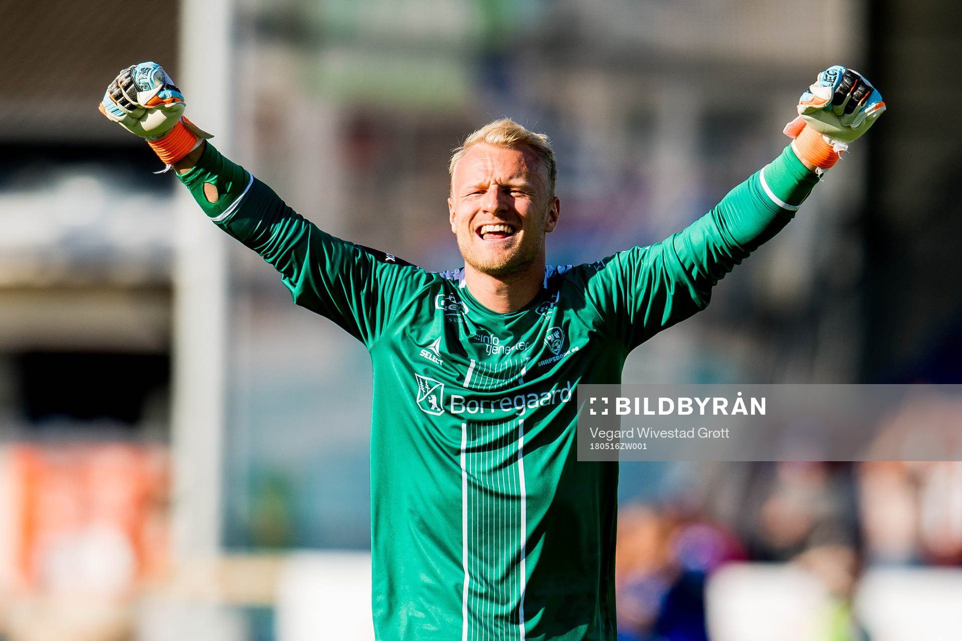 Goalkeeper Aslak Falch of Sarpsborg 08 celebrates 1-0 during the Eliteserien match between Sarpsborg 08 and Start on May 16, 2018 in Sarpsborg.