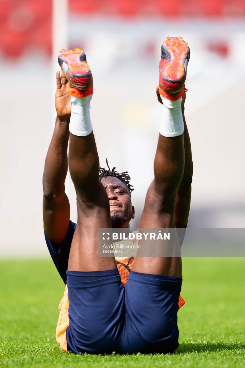 Helsingborgs Mamudu Moro under fotbollsträning med Helsingborg den 28 maj 2018 Helsingborg.