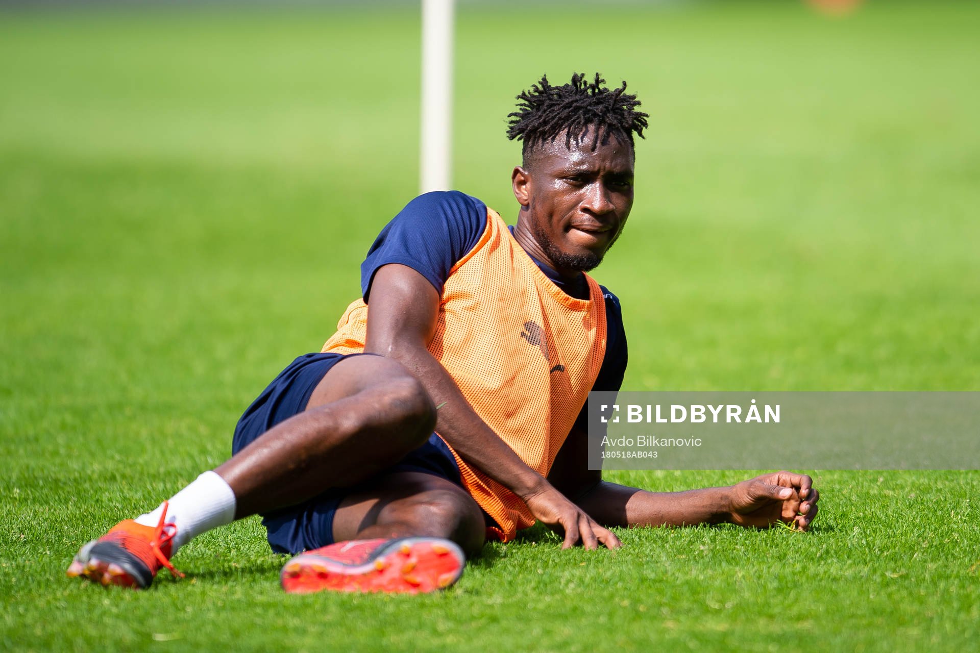 Helsingborgs Mamudu Moro under fotbollsträning med Helsingborg den 28 maj 2018 Helsingborg.