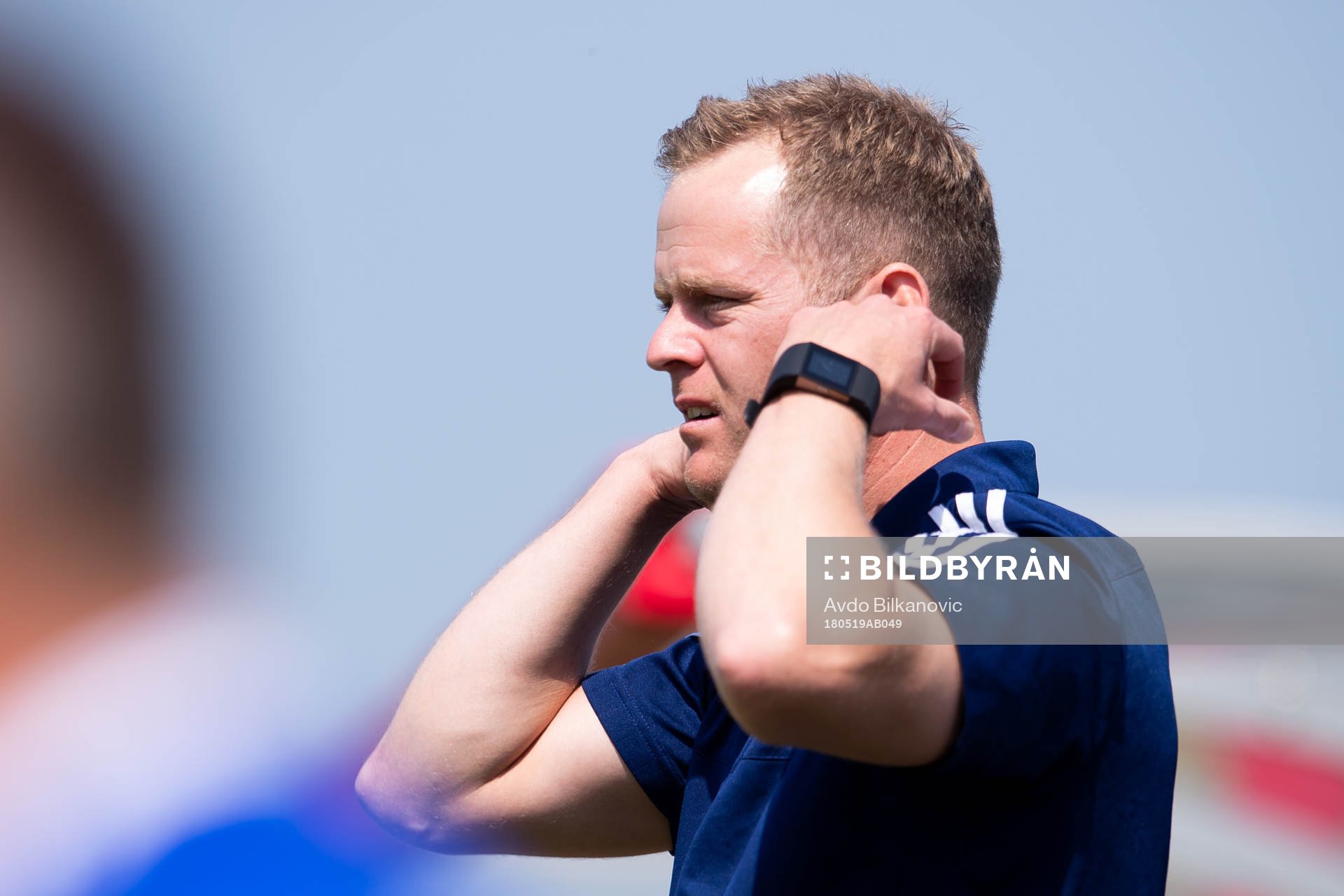 Wormo tränare Jonas Lindh under fotbollsmatchen i Division 3 Södra Götaland mellan Höganäs och Wormo den 19 maj 2018 Höganäs.