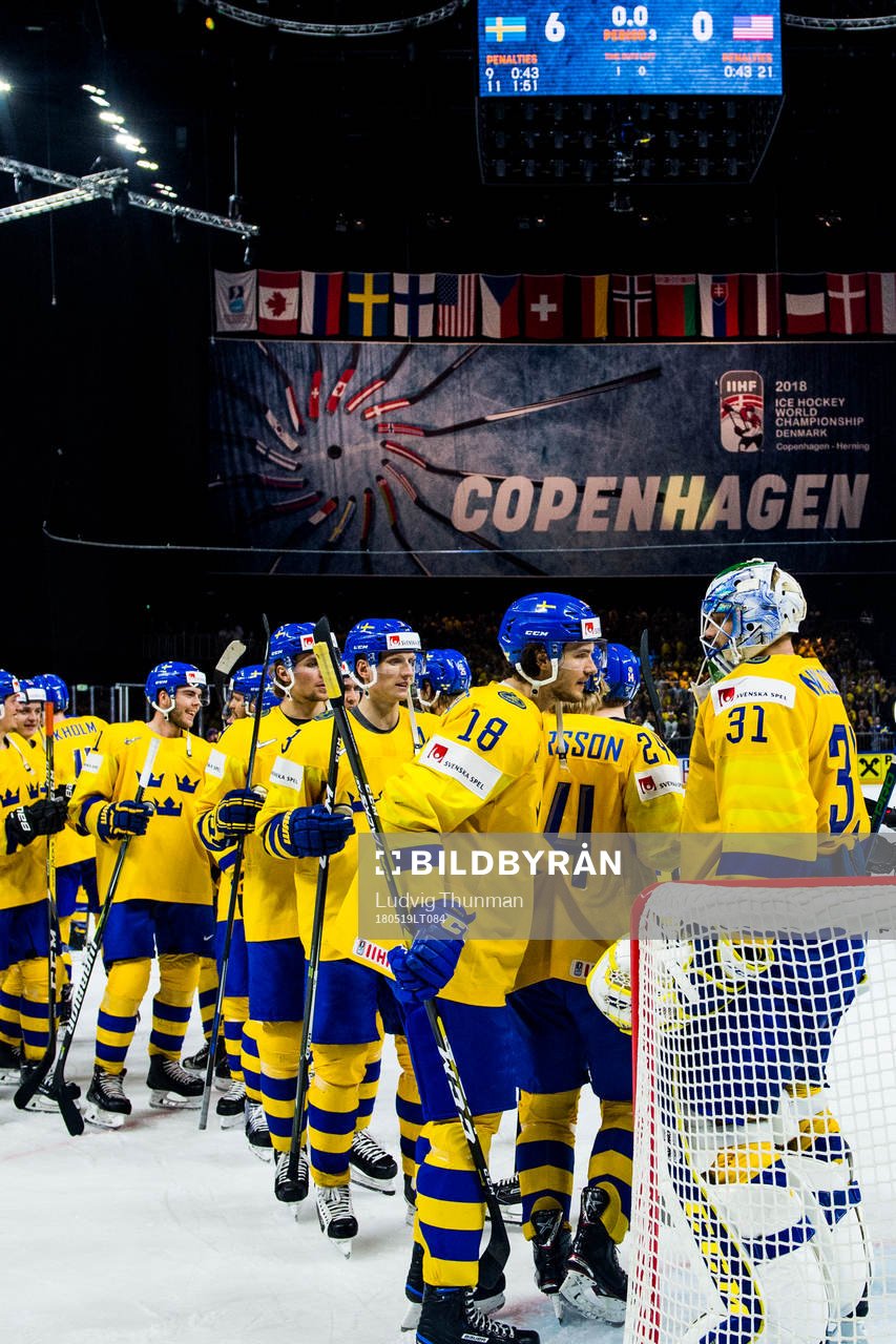 Sveriges spelare firar segern med målvakt Anders Nilsson