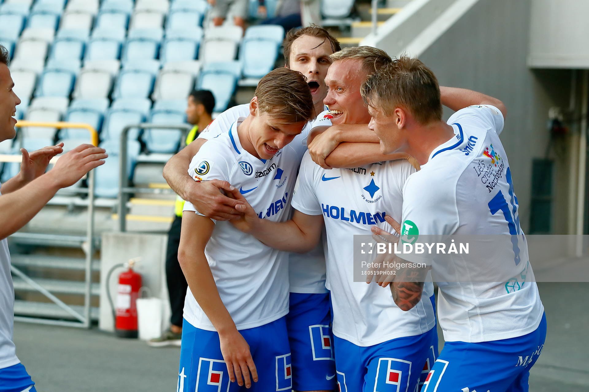 Jubel efter mål 3-2 av Norrköpings Gudmundur Thorarinsson under fotbollsmatchen i Allsvenskan mellan Norrköping och Dalkurd den 19 maj 2018 i Norrköping.
