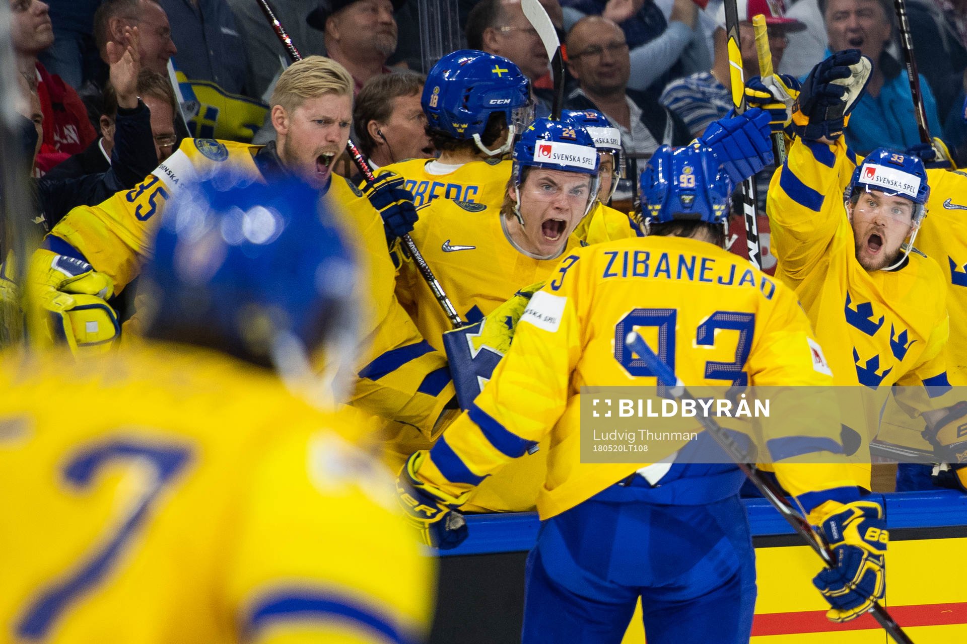 Sveriges Mika Zibanejad jublar med lagkamrater målvakt