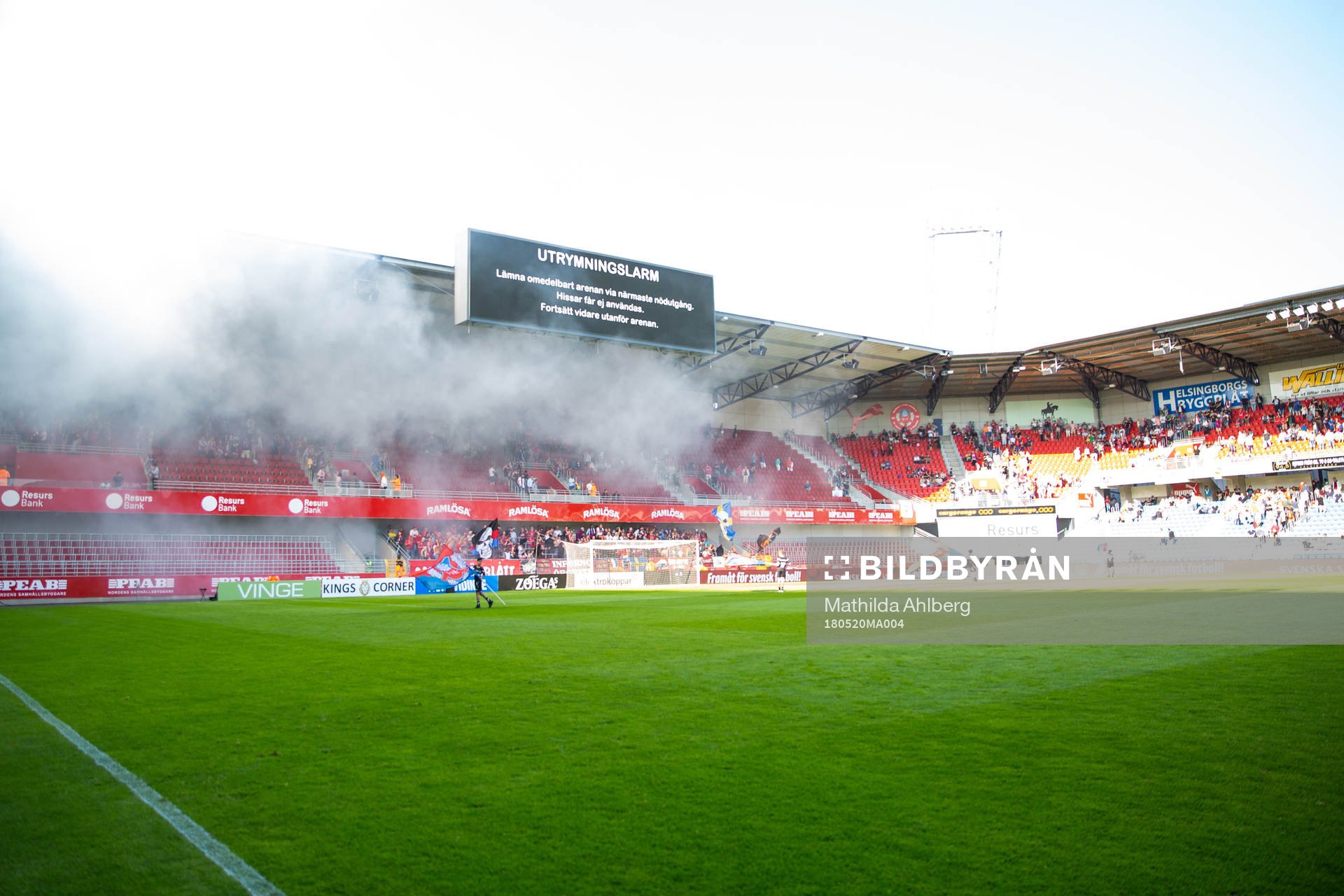 Rök vid Örgrytes läktarsektion som startade utrymningslarmet på Olympia under fotbollsmatchen i Superettan mellan Helsingborg och Örgryte den 20 maj 2018 i Helsingborg.