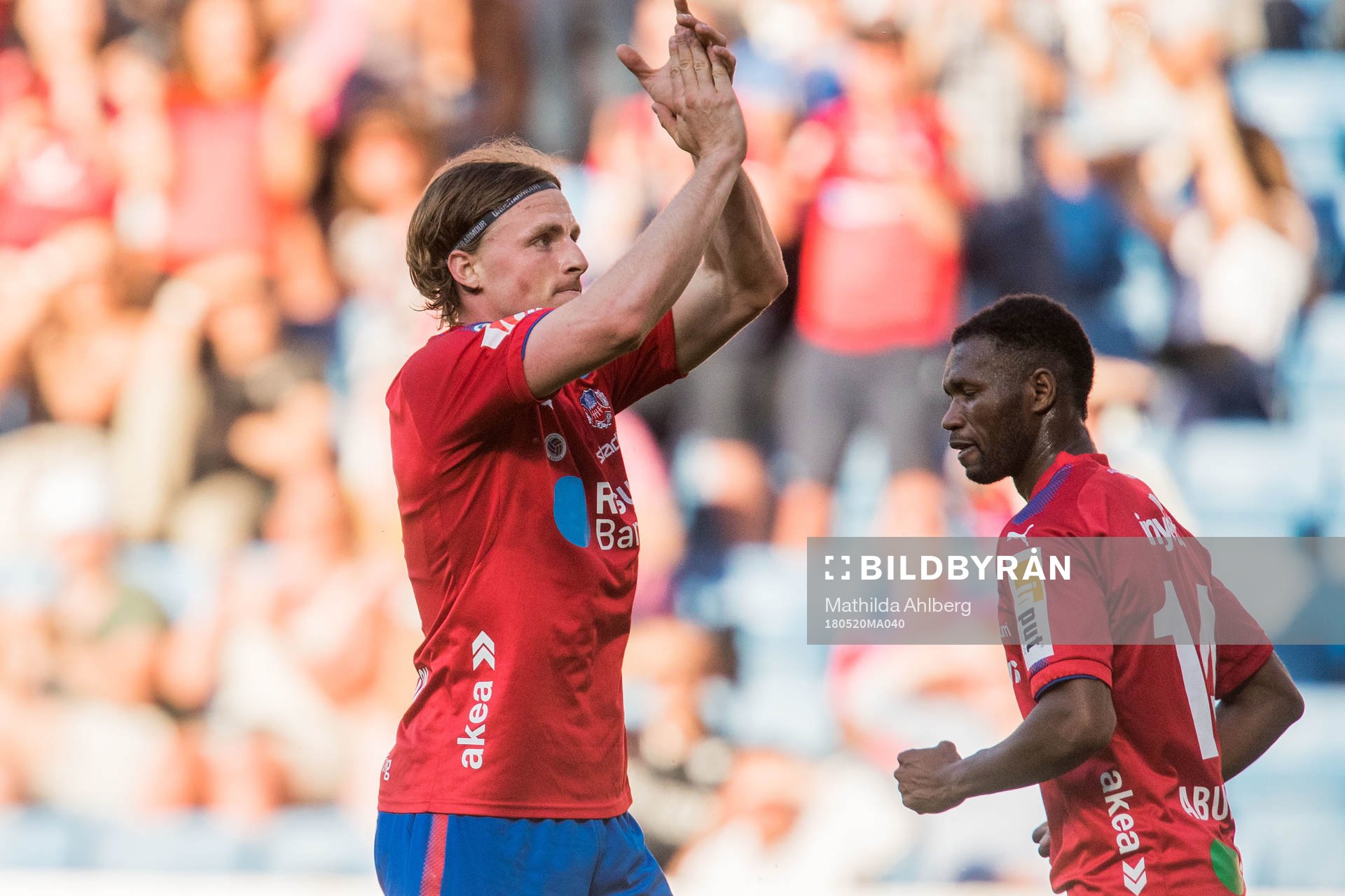 Helsingborgs Carl Johansson jublar efter 1-0 under fotbollsmatchen i Superettan mellan Helsingborg och Örgryte den 20 maj 2018 i Helsingborg.